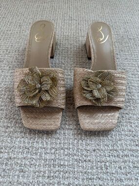 Sam Edelman Beaded Flower Raffia Slide Heels - Beige - Size 9